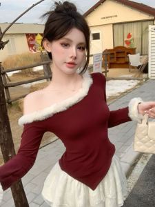 เสื้อยืดคอกลมแขนยาวผู้หญิงฤดูหนาว ดีไซน์เก๋ไก๋ไม่ซ้ำใคร ดีเทลขนสัตว์ ทรงเข้ารูป สไตล์เกาหลี เสื้อชั้นในสำหรับผู้หญิง