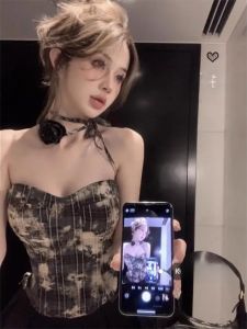 GUZILIAN | Slimming Plaid Crop Top Womens American Dyed Wrap Waist Irregular Short Style Tea Break Spicy Girl Floral Strap Vest