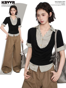 KBVVR | Black Stripe Faux Two-Piece Short Sleeve Polo Shirt Slim Fit Short Top