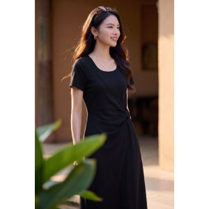 Misoshine | Cool Tencel Waist Slimming Simple Black Dress