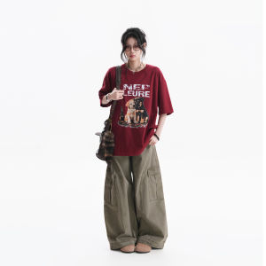 zuocisankon | Vintage Distressed Puppy Print Oversized T-Shirt