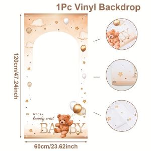 Teddy Bear Gender Reveal Photo Booth Frame Neutral Beige Bear & Balloon Print Backdrop for Gender Reveal Party Decor