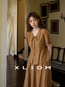 XlIdm plus Size Womens Fashion Set Cool Texture Summer Slimming Waist Short Sleeve V-Neck Lantern Sleeve A-Line Skirt Two-Piece Suit