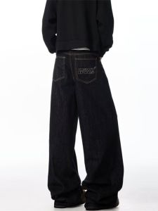 กางเกงยีนส์ทรงหลวมสไตล์อเมริกันย้อนยุคสำหรับผู้ชาย กางเกงขายาวทรงตรงปักลายหัวมีดโค้ง ฤดูใบไม้ผลิและฤดูใบไม้ร่วง