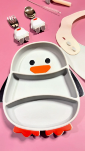 Yoji Baby 6-Pcs Silicone Penguin Feeding Set for Baby to Kids Plate Spoon Fork Bib Straw & Brush