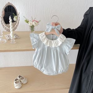 Stylish new summer outfit for baby girls: Peter Pan collar flutter sleeves round neck romper triangle bodysuit crawling suit
