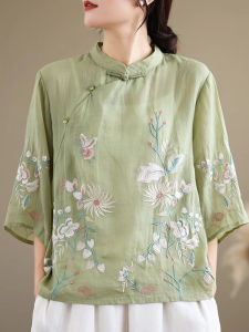 Retro Embroidered Cotton Linen Shirt Womens Summer New Style Artistic New Chinese Stand Collar Button up Top