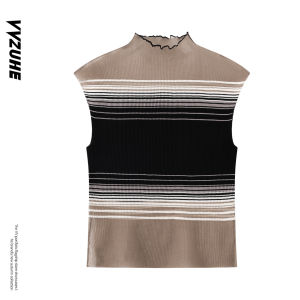 Áo Vest Nữ Cổ Cao Màu Tương Phản Kẻ Sọc Mỏng Ôm Vừa Vặn Thời Trang Mùa Thu Áo Ngắn Hở Lưng Kiểu Dáng Chữ I