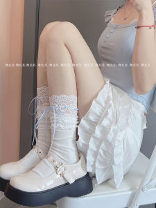 Sweet Butterfly Knot Ribbon Mid-Calf Socks Womens White Cotton Lace Trim Short Socks Summer Collection Fashionable Leg Shaping