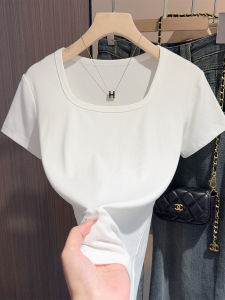 Slim Fit Short Sleeve T-Shirt Womens Square Collar Casual Top Pure White Summer Autumn Fashionable Body Shaping Inner Wear
