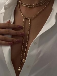 IngeSight.Z New Fashion Irregular Gold Color CCB Bead Pendant Necklace Women Punk Multilayer Y-shaped Necklace Jewelry Gift