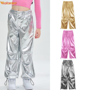 Rolanko Kids Shiny Metallic Dance Trousers Retro Hip Hop Dance Outfit Loose Fit Cargo Pants Elastic Waist Streetwear for 6-13 Years