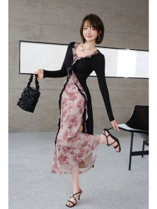 Elegant Rose Printed Ruffled Layered Dress