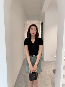 Womens Small Fresh Solid V-neck Thread Short Sleeve T-shirt Korean polo shirt Universal Slim Fit Top