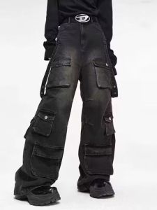 กางเกงยีนส์ทรงหลวมขาบานทรงหลวมสไตล์อเมริกันสำหรับผู้ชาย กางเกงขายาวทรงหลวม กระเป๋าหลายช่อง ทรงหลวม กางเกงยีนส์ทรงหลวม