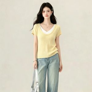 puella | Color Block Splicing Elegant Womens Knit T-Shirt