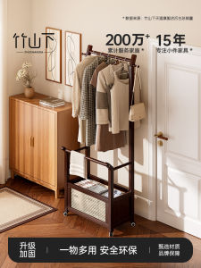Solid Wood Clothes Hanger Dirty Laundry Basket Integrated Wicker Frame 2025 Mobile New Style Coat Rack Bedroom Floor Standing Clothes Rack