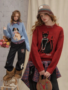 unifree | Korean Style Thick Winter Retro Womens Animal Print Knit Sweater