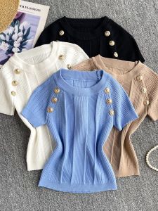 เสื้อยืดคอกลมถักนิตติ้งสำหรับผู้หญิงในช่วงฤดูร้อน เสื้อแขนสั้นบาง เสื้อผ้าทำงานสไตล์เกาหลี สไตล์ลำลอง ทรงเข้ารูป แฟชั่นทันสมัย