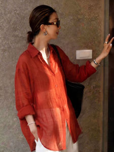 V.C.I | Red Linen Womens Long Sleeve Shirt for Summer Casual and Versatile