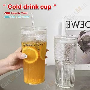 Creative Glass Water Cup with Straw and Lid Juice Milk Tea Coffee Cold Drink Mug 550ml