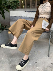 Retro Wide-Leg Overalls Womens Summer Casual High Waist Straight-leg Small Khaki Summer Cropped Suit Pants