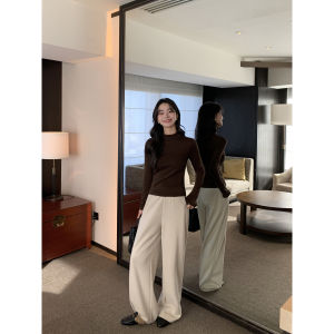 Pusumede Loose Wide Leg Pants Women Elastic Waist Acetate Wool Straight Leg Pants Autumn Winter Thickened Floor-Length Pants