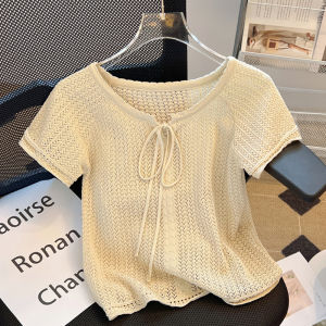 ล้างสต๊อกเก็บปลายทางเสื้อทีเชิ้ตแขนสั้นผ้าถักฉลุลายแบบบางสไตล์ตะวันตกใส่ช่วงฤดูร้อนจากเคาน์เตอร์เสื้อแบบสั้นมีเชือกผูกออกแบบพิเศษสำหรับผู้หญิง