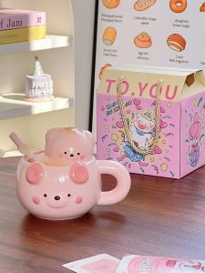Cute Bear Straw Ceramic Mug Womens New Style 2025 High Aesthetic Value Mugs with Lid Birthday Gifts Cartoon Element Universal Use