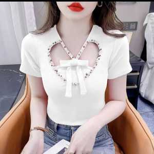 Beaded Hollowed Heart Shape Short Sleeve T-Shirt Womens Summer 2024 New Arrival Plus Size Plus Size Ladies Silm Slimming Short Top Women