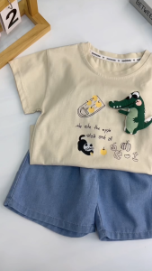 Baju bayi laki laki Denim celana pendek Kasual Baju anak setelan t shirt katun Desain boneka buaya setelan lengan pendek 2 tahun