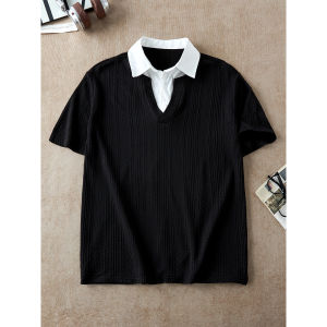 OUMULONG | Fake Layered Ear Grain Summer Comfort Design Polo Shirt