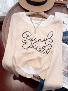 เสื้อสเวตเตอร์ถักคอตตอนทรงหลวมสไตล์เกาหลีสำหรับผู้หญิงในฤดูใบไม้ร่วงปี 2024 แขนยาวลายตัวอักษร ทรงหลวม ระบายอากาศได้ดี