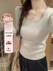 Áo Len Dệt Kim Cổ Thấp Ôm Vừa Vặn Màu Xám Cho Nữ Mùa Xuân Thu Áo Len Cardigan Cổ Vuông Tay Dài Thường Ngày