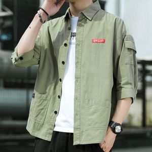 ROMON | เสื้อเชิ้ตแขนสั้นทรงหลวมผ้าฝ้ายแท้ Romon ทรงหลวมสำหรับผู้ชาย ทรงลำลอง ฤดูร้อน 2022 แฟชั่นสไตล์ลำลอง