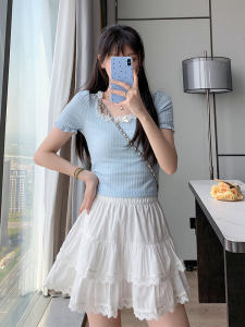 กระโปรงสั้นทรงเค้กผ้าลูกไม้สีขาว กระโปรงสั้นเอวสูงสไตล์บัลเล่ต์ กระโปรงสั้นทรงเอ ฤดูร้อน 2024 กระโปรงสั้นผ้าฝ้ายผสม