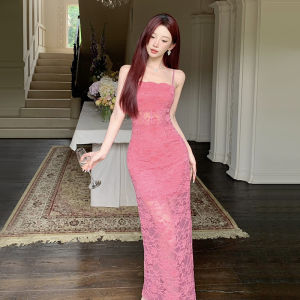 ชุดเดรสยาวผู้หญิงแขนกุดคอวีลูกไม้เซ็กซี่ดีไซน์เก๋ไก๋สำหรับงานปาร์ตี้ในฤดูร้อน