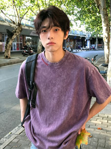 Grape Purple Washed Distressed Summer Premium Cotton Heavy T-shirt Short Sleeves