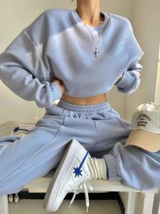 Casual Sportswear Set Womens Autumn Winter High-End Hong Kong Style Retro Sweatshirt Sweatpants Two-Piece Student Outfit
