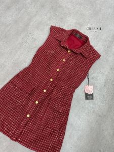 P005-003 PIMNADACLOSET - Collar Sleeveless Button Down Smock Waist Stripe Tweed Mini Dress