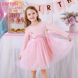 DXTON Girls Unicorn Cartoon Print Dress Kids Pink Princess Mesh Tulle Birthday Party Festival Dresses Children Clothes 3-8 Yrs