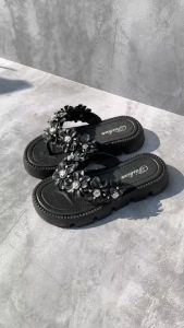 VEBLEN Sendal Jepit Wanita Cewek Korea Bunga Bahan Karet Jelly Hitam Putih Lembut Mewah Kekinian Sandal Perempuan Cewek