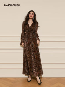 French Leopard Print Cutout Waist Elegant Maxi Dress