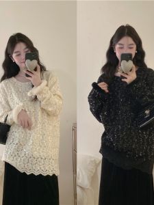 Glamorous Shiny Black T-Shirt Womens Early Autumn plus Size Slimming Mid-Length Heavy Sequin Top Korean Style round Neck Long Sleeve