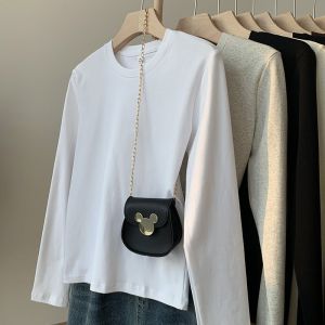 Áo Thun Cotton Dài Tay Màu Trắng Cho Nữ Mùa Thu 2025 Áo Lót Cotton Dáng Rộng Thường Ngày in Họa Tiết Thời Trang Hàn Quốc