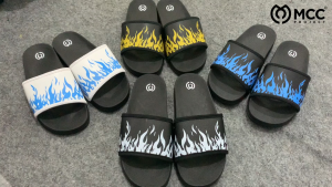 MCC - Sandal Slop Slip On Distro Casual Pria Wanita Dewasa Motif Api Size 38-43 Black Sole Terbaru