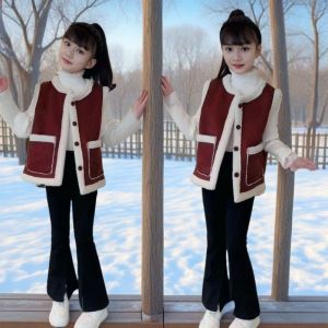 Thickened Fleece Warm Vest for Girls Autumn Winter Outwear Baby Girl Jacket Coat Korean Style round Neck Polyester Fiber