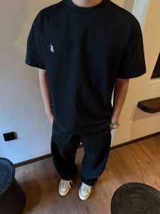 TZG Black Horse Pure Cotton Short Sleeve T-Shirt Mens CleanFit Loose Versatile Basic Preppy Style Summer Base Layer Shirt