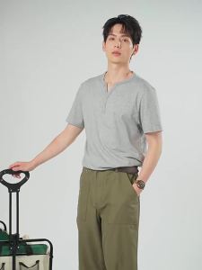 Giordano | Retro Summer Cotton Solid Color Henley Neck Short Sleeve T-shirt