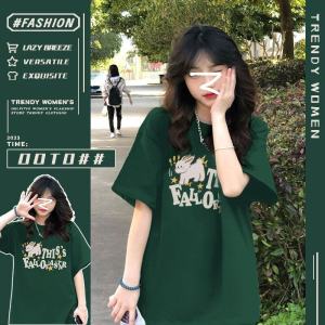 Forest Green Cotton Short Sleeve T-Shirt Womens Summer New Style Streetwear Loose Fit Cartoon Print Couple Matching Tops